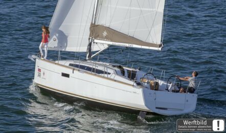 Backbord Heck Aussenaufnahme einer Sun Odyssey 349.2 in Heiligenhafen