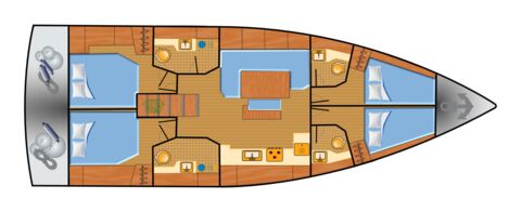 Schiffsriss der Segelyacht Hanse 460 „Venus" mit vier Doppelkabinen, Salon und Nasszellen – Yachtcharter Kroatien