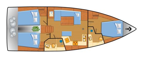 Decksplan der Segelyacht Oceanis 40.1 „Grisu“ mit drei Doppelkabinen und zwei Nasszellen – Yachtcharter Ostsee