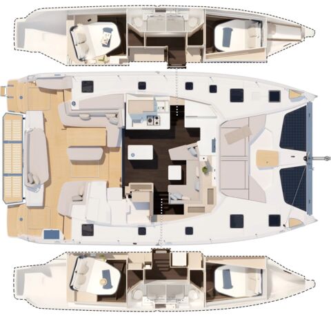 Schiffsriss des Segelkatamarans FP 44 „Ace of Sails“ mit 4 Doppelkabinen und 3 Nasszellen – Yachtcharter Kroatien