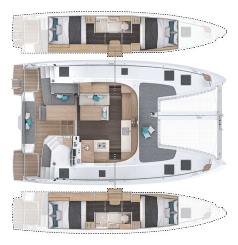 Schiffsriss der Segelyacht Lagoon 38 „Flipflop“ mit 4 Doppelkabinen, 2 Nasszellen und 2 möglichen Schlafplätzen im Salon – Yachtcharter Mallorca