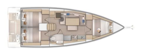 Schiffsriss der Segelyacht Oceanis 37.1 „880“ mit 3 Doppelkabinen, 1 Nasszelle und 2 möglichen Schlafplätzen im Salon – Yachtcharter Ostsee