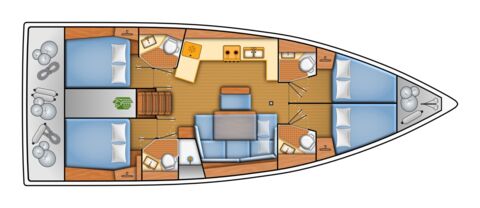 Schiffsriss der Segelyacht Oceanis 47 „WabiSabi“ mit 4 Doppelkabinen, 4 Nasszellen und 2 möglichen Schlafplätzen im Salon – Yachtcharter Kroatien