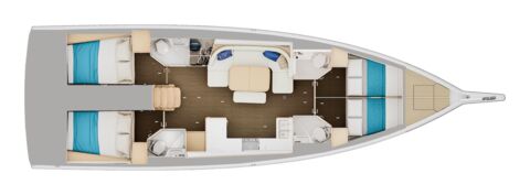 Schiffsriss der Segelyacht Sun Odyssey 455 „Melon“ mit 4 Doppelkabinen, 4 Nasszellen sowie 2 möglichen Schlafplätzen im Salon – Yachtcharter Kroatien
