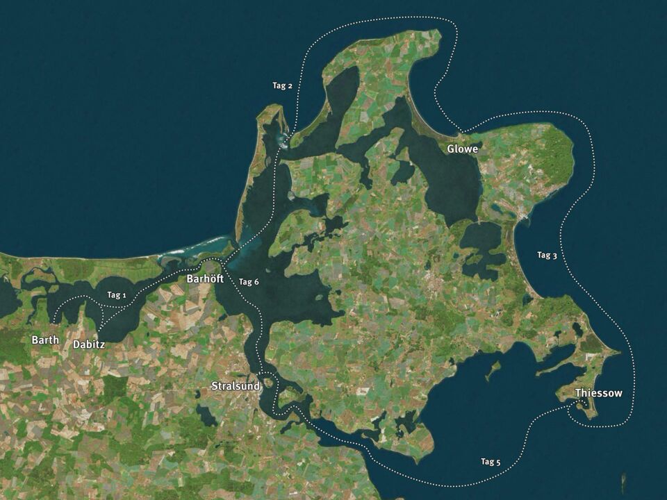 Karte für den Törnvorschlag 1 ab Barth – 1 Woche Rund Rügen