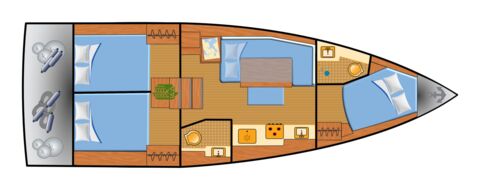 Decksplan der Oceanis 37.1 „Agios“ mit drei Kabinen und zwei Nasszellen – Yachtcharter Kroatien