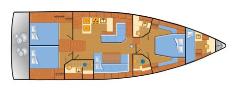 Schiffsriss der Segelyacht Oceanis 51.1.3 „Marny“ mit 3 Doppelkabinen, 1 Skipperkabine, 1 Badezimmer im Bug, 1 Duschraum im Bug, 1 Nasszelle achtern sowie 2 möglichen Schlafplätzen im Salon – Yachtcharter Kroatien