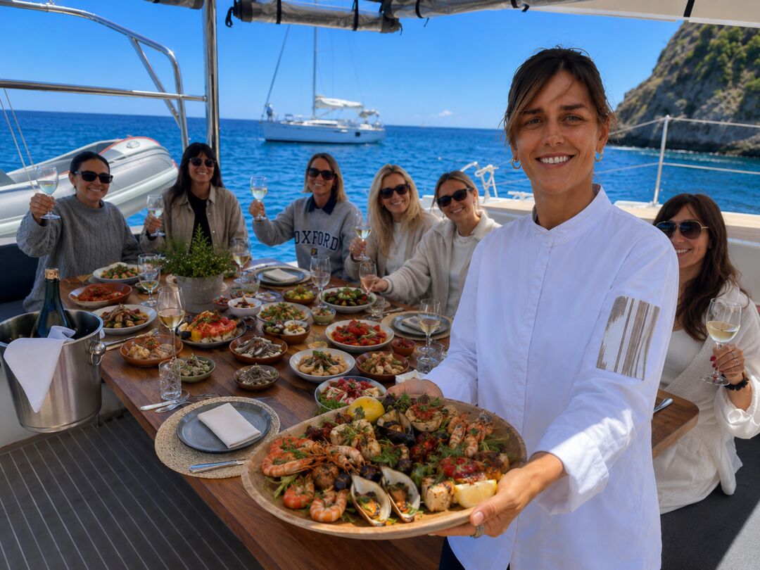 Privatköchin Aina (La Bulé) serviert mallorquinisches Dinner an Bord — Yachtcharter Mallorca in der Ankerbucht