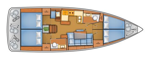 Schiffsriss der Segelyacht Sun Odyssey 440 „Peach“ mit 4 Doppelkabinen, 2 Nasszellen sowie 2 möglichen Schlafplätzen im Salon – Yachtcharter Kroatien